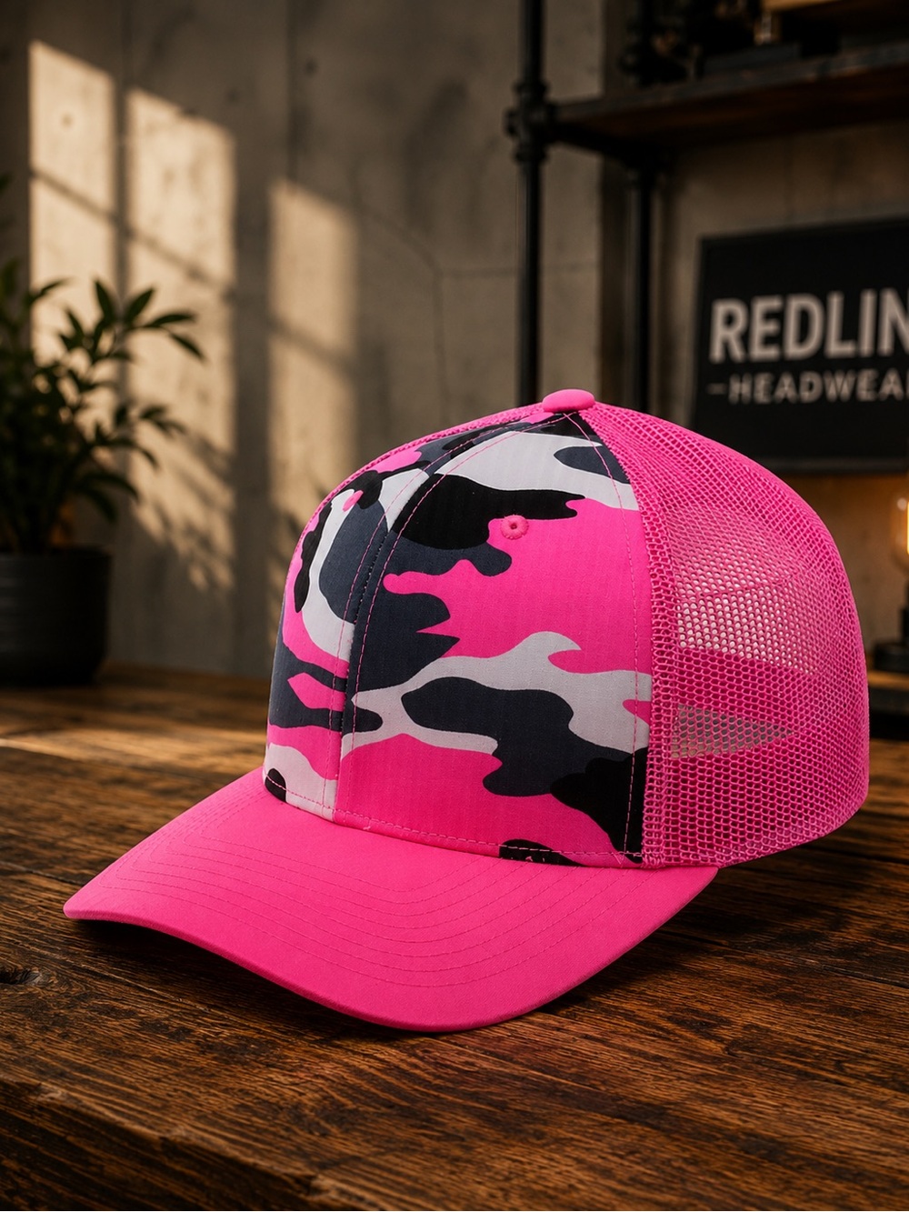 Pink neon Camo Trucker Hat Mid Profile Mesh Snapback One Size